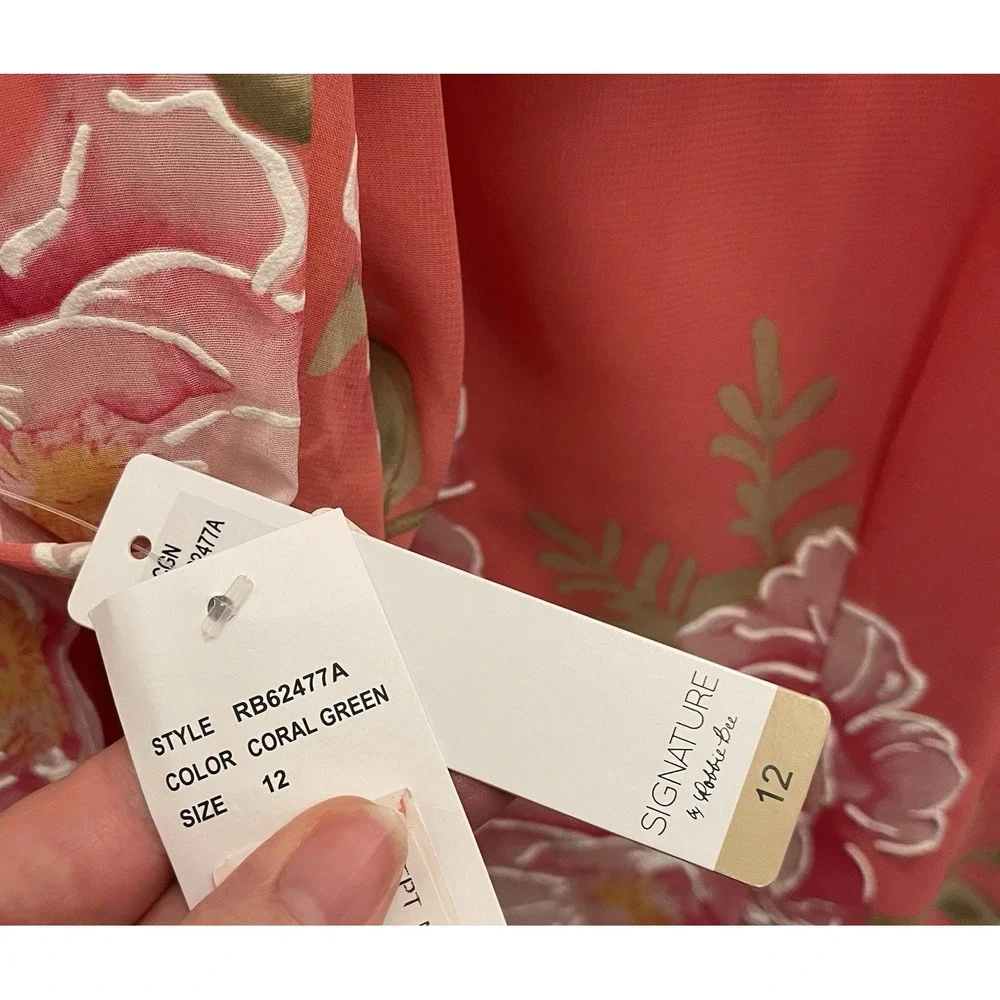 Signature By Robbie Bee Coral Floral Mock Neck‎ Bow Back Aline Dress Womens 12
